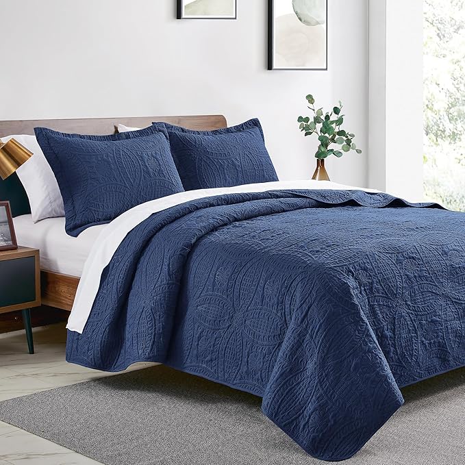 Love's cabin Twin Quilt Set Navy Blue Bedspreads - Soft Bed Summer Lightweight Bedspread Comforter - Modern Style Coin Pattern Coverlet for All Season - 2 Pieces (1 Quilt, 1 Pillow Sham)