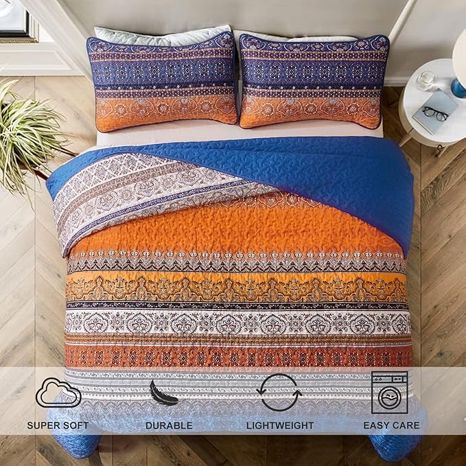 WONGS BEDDING Boho Fall Queen Quilt Set, Blue and Orange Bohemian Queen Quilt Bedding Set, Lightweight Microfiber Bed Decor Bedspread for All Season 96"x90"(3 Pieces)