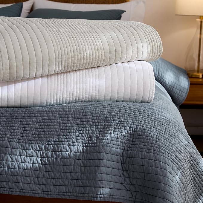 palassio Striped Blue Grey 100% Cotton Quilt Twin Size Bedding Sets, Lightweight Crinkly Channel Pick Stitch Textured Bedspread Soft Shabby Chic Farmhouse Country Coverlet for All Season, 1 Sham
