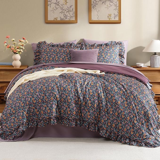 Queen Comforter Set - 7 Pieces Ruffle Purple Ditzy Bedding Sets, Shabby Chic Farmhouse Bed in a Bag with Ruffle Comforter, Sheets, Pillowcases & Shams