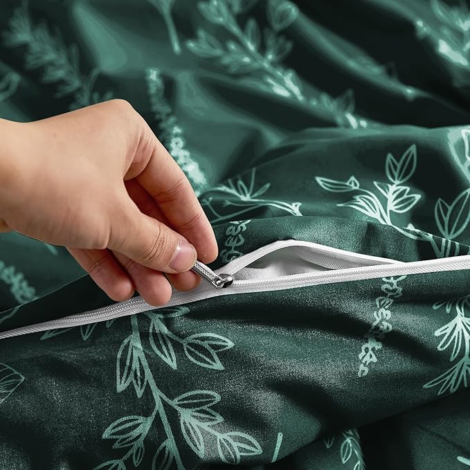 MUXHOMO Duvet Cover Queen Size, Reversible Floral Forest Green Duvet Cover Set with Zipper Closure, 3 Pieces Botanical Patterns Soft Microfiber Bedding Set with 4 Ties (90"x90", 2 Pillow Cases)