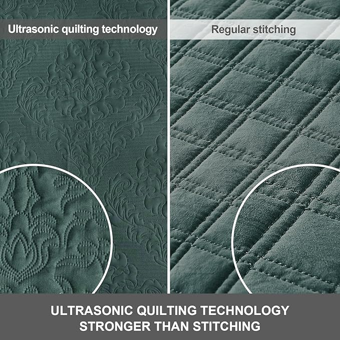 Hansleep Green Quilt Queen Size - Damask Ultrasonic Summer Bedspread Queen, Soft Lightweight Coverlet Bedding Set, 3 Pieces (1 Quilt, 2 Pillow Shams)