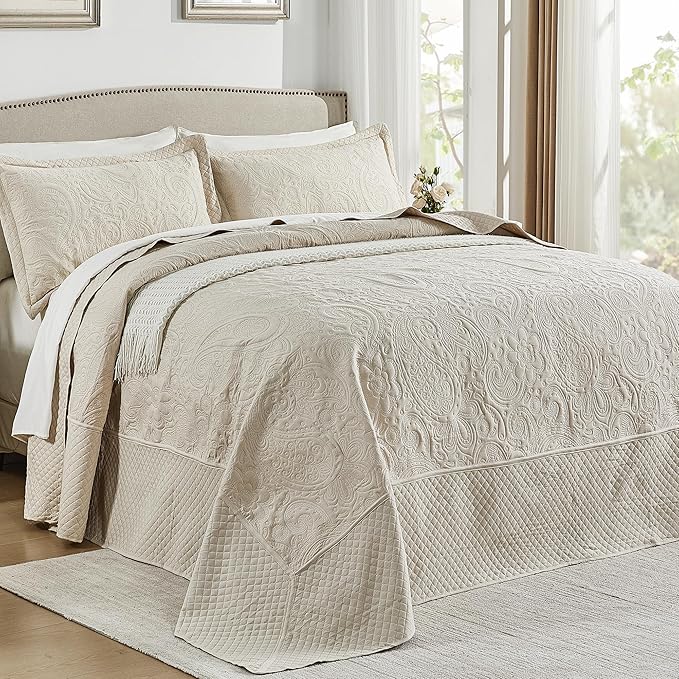 Qucover Oversized King Bedspreads 128x120, Soft Microfiber Ultrasonic Quilting Paisley Pattern California King Quilt Sets Oversized, 3 Piece Oversized Coverlet Bedding, Beige