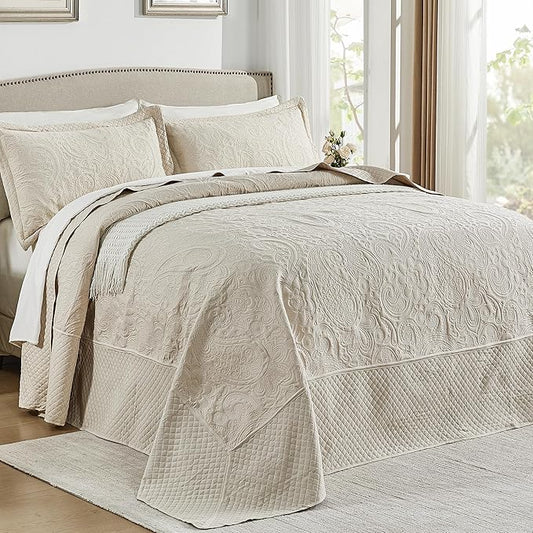 Qucover Oversized King Bedspreads 128x120, Soft Microfiber Ultrasonic Quilting Paisley Pattern California King Quilt Sets Oversized, 3 Piece Oversized Coverlet Bedding, Beige