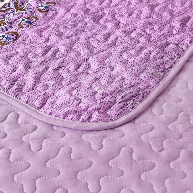 WONGS BEDDING Boho Queen Quilt Set, Purple Bohemian Quilt Bedding Set, Lightweight Bed Decor Bedspread for All Season Reversible Microfiber Coverlet Bedding Set 96"x90"(3 Pieces)