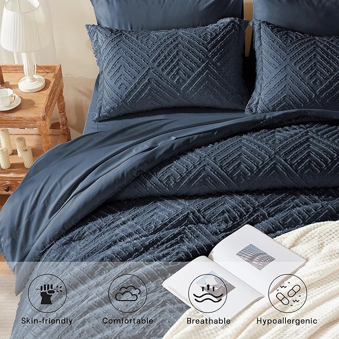 Zzlpp Twin Comforter Set 5 Pieces, Navy Blue Tufted Bed in a Bag with Comforter and Sheets, All Season Boho Bedding Sets with 1 Comforter, 1 Pillow Sham, 1 Pillowcase, 1 Flat Sheet, 1 Fitted Sheet