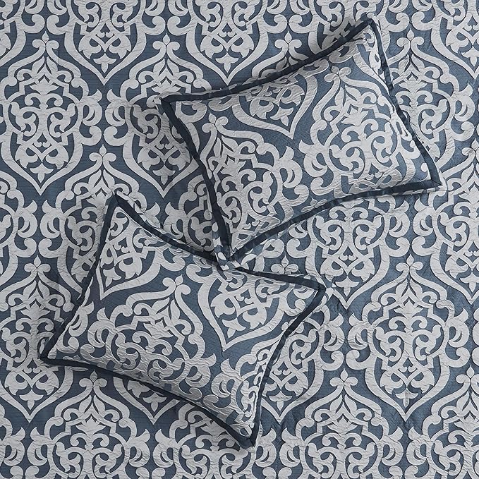 Madison Park Odette Cozy Comforter Set Jacquard Damask Medallion Design - Modern All Season, Down Alternative Bedding, Shams, Decorative Pillows, Cal King(104 in x 92 in), Navy 8 Piece