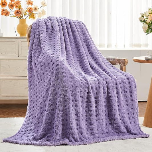 NEWCOSPLAY Super Soft Twin Blanket Lavender Premium Silky Flannel Fleece 3D Waffle Checkered Lightweight Bed Blanket All Season Use (Lavender, Twin(60"x80"))