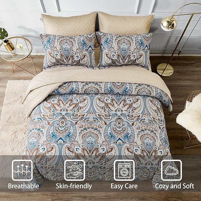 Drucon Brown Comforter Set King, 7 Pieces Bed in a Bag Comforter Boho Paisley Pattern Bedding Soft Microfiber King Size (1 Comforter, 1 Flat Sheet, 1 Fitted Sheet, 2 Pillow Shams, 2 Pillowcases)