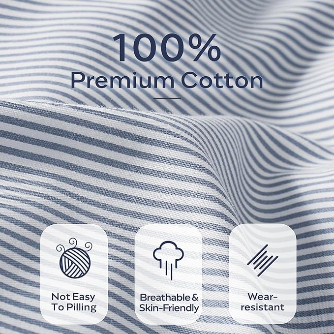 JELLYMONI 100% Natural Cotton 3pcs Striped Duvet Cover Sets,Blue Duvet Cover with Thin White Stripes Pattern Printed Comforter Cover,with Zipper Closure & Corner Ties(Twin Size)