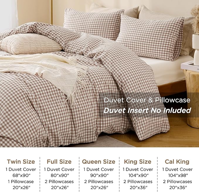 TOCOMOA Tan Gingham Duvet Cover Bedding Set 100% Washed Cotton Like Linen Feel Super Soft Comfy 3 Piece Brown Vintage Plaid Checkered Fall Comforter Cover Set (King 104"x90", Comforter Not Included)