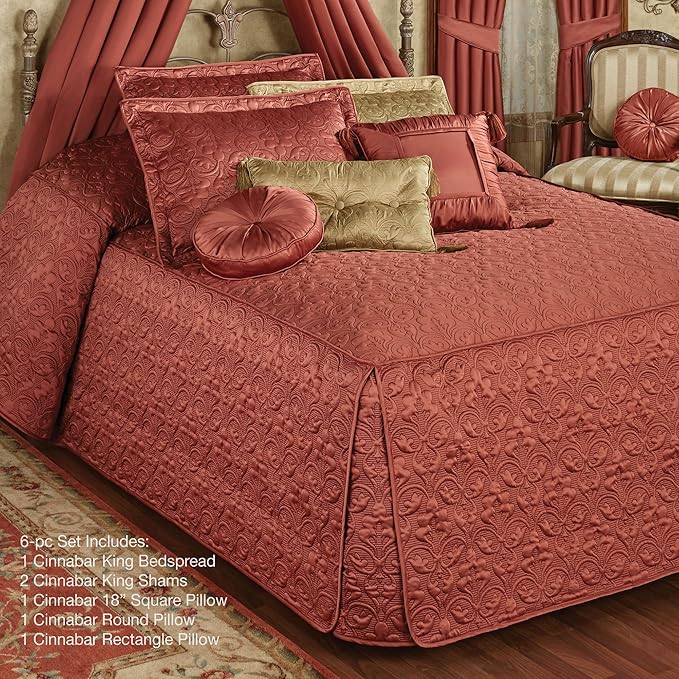 Cambridge Classic Luxury Bedding | Warm Cinnabar Solid Color Polyester Satin | Elaborate Damask Quilting | 6 Pc Bed Set Includes Fitted Oversized King Bedspread, 2 King Shams, & 3 Decorative Pillows