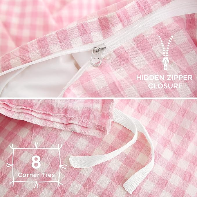 TOCOMOA Pink Gingham Duvet Cover Bedding Set 100% Washed Cotton Like Linen Feel Super Soft Comfortable 3 Piece Cute Plaid Checkered Comforter Cover Set (King 104"x90", Comforter Not Included)