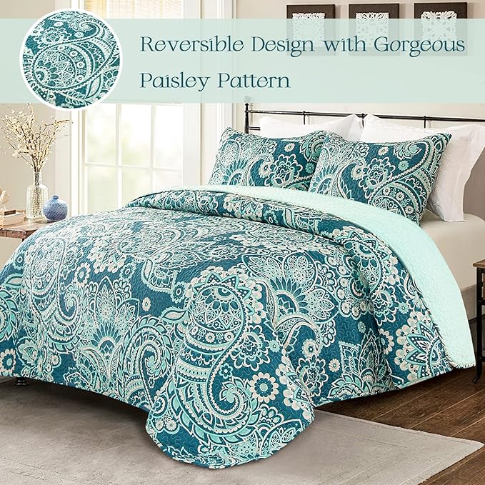 Whale Flotilla Reversible Printed Quilts Queen Size, Extra Soft Boho Paisley Floral Bedspreads for Bed Lightweight Full Queen Quilt Bedding Set Coverlets with 2 Pillow Shams for All Seasons, Turquoise