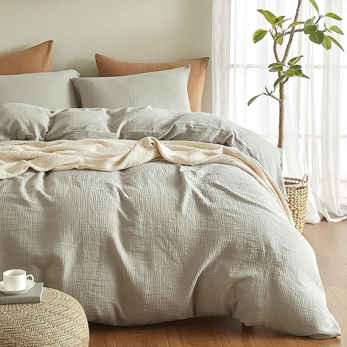 SE SOFTEXLY Muslin Duvet Cover Queen Size, 100% Washed Cotton Duvet Cover Set, Ultra Soft Comforter Cover Linen Like, 3 Pieces Minimalist Gauze Duvet Cover with 2 Pillowcases, 90"x90", Smoky-Green