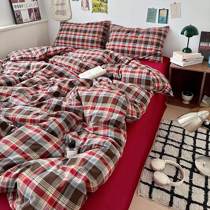 Vintage Red Brown Buffalo Plaid Duvet Cover Twin Modern Soft 3 Piece Washed Cotton Grid Bedding Set Farmhouse Checkered Pattern Comforter Cover Breathable Gingham Duvet Cover with 2 Pillowcases