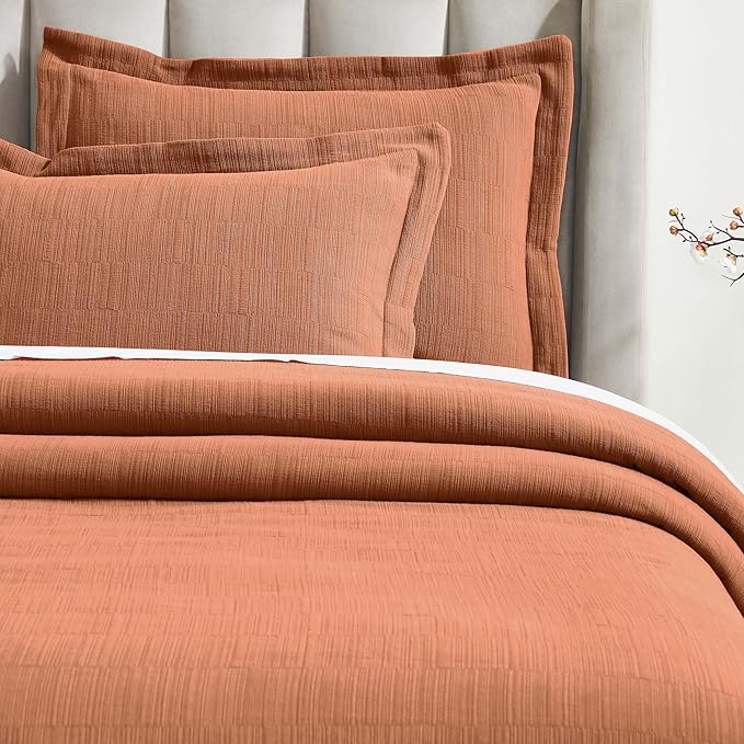 Superior 3 Piece Cotton Bedspread and Sham Set, Home Bed Decor, Decorative Bed Spread, 2 Pillow Shams, Medium Weight, Matelasse Coverlet, Bedding Essentials, Zenith Collection, Queen, Burnt Orange