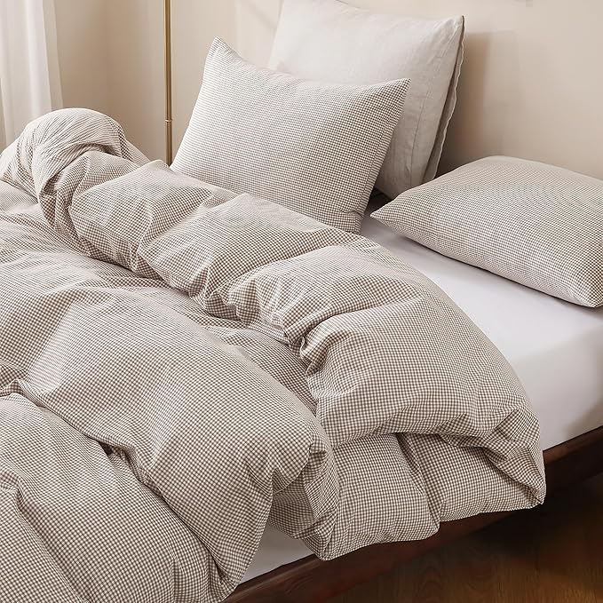 TOCOMOA Mini Gingham Tan Duvet Cover Bedding Set 100% Washed Cotton Like Linen Feel Super Soft Comfy 3 Piece Brown Small Plaid Checkered Comforter Cover Set (King 104"x90", Comforter Not Included)