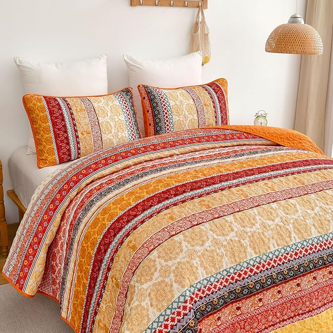 WONGS BEDDING Boho Stripe Quilt Set Queen Size, 3 Pieces Orange Bohemian Quilt Sets, Lightweight Soft Microfiber Bedspread Coverlet Bedding Set for All Season (96"x90")