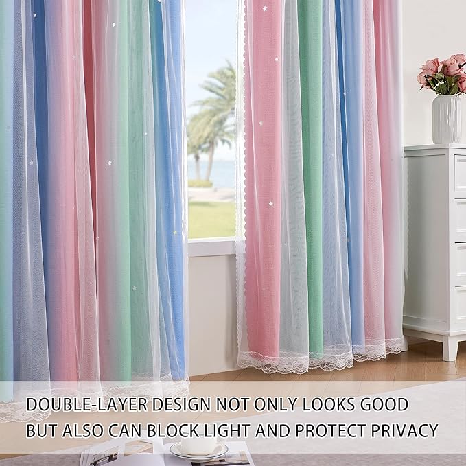 XiDi Girls Curtains for Bedroom 54 Inches Long 2 Panels Pink Green Blue Rainbow Blackout Curtains for Little Girl Kids Room Decor Living Room, Princess Unicorn Wall Decals Drapes 52x54