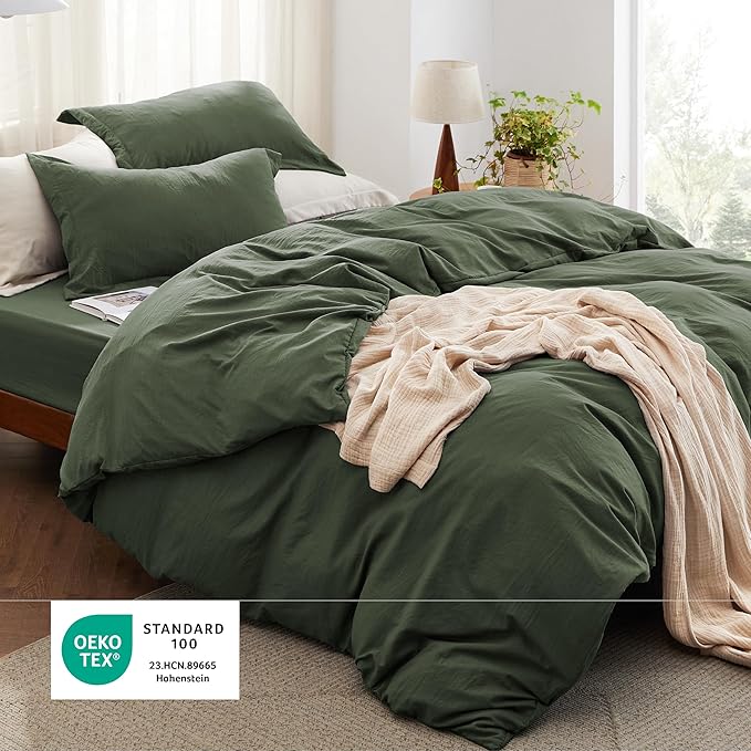Bedsure Duvet Cover Full Size with Fitted Sheet - 4 Pieces Prewashed Cotton-Like Polyester Extra Soft Bedding Set, Includes 1 Duvet Cover 80x90 Inches, 2 Pillow Shams, 1 Fitted Sheet, Olive Green