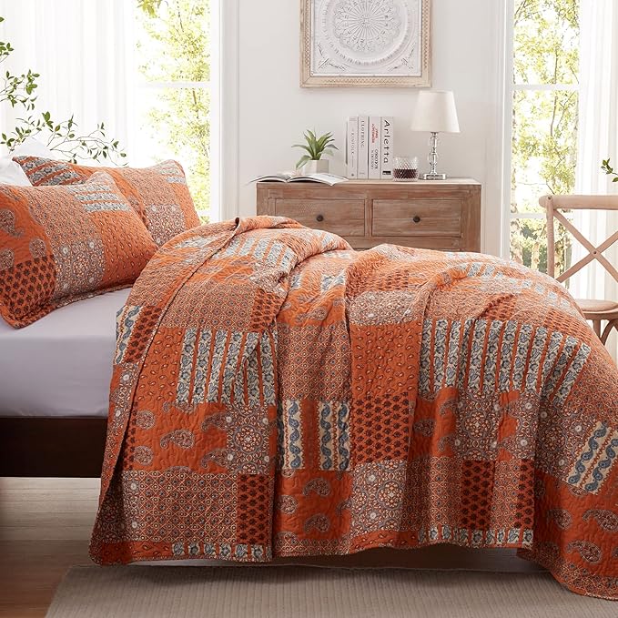 LEAONME 2 Pieces Twin Size Quilt Set Burnt Orange Rust Paisley Bedspread Coverlet Lightweight Microfiber Bedding Set 68x86 Inch Bed Cover for All Seasons (1 Quilt, 1 Pillow Sham)