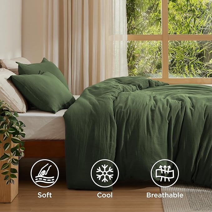 Bedsure Muslin Duvet Cover Queen Size - Cotton Blend Rayon Derived from Bamboo, Cooling Duvet Covet for Hot Sleepers - Ultra-Soft & Breathable Bedding Set for All Seasons(Olive Green, 90"x90")