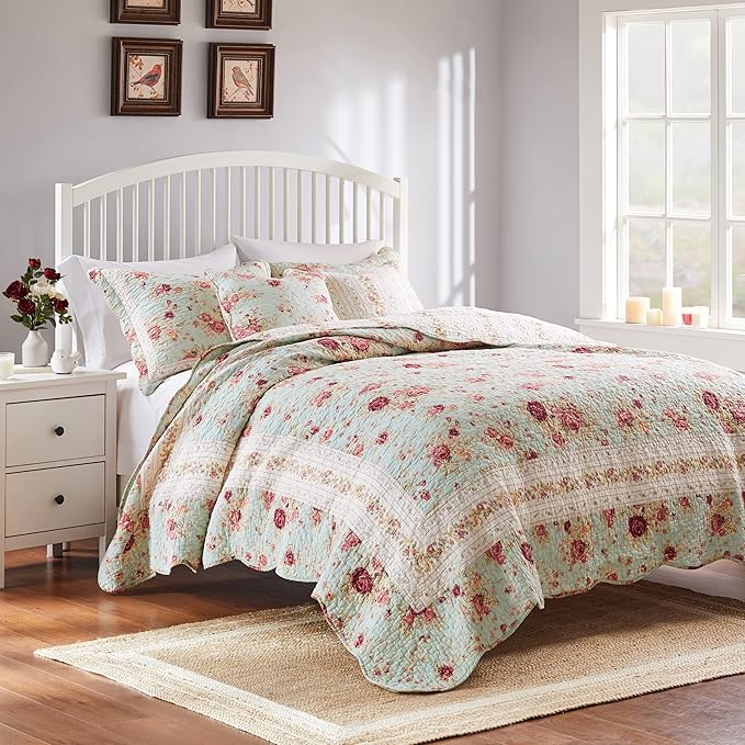 Greenland Home Antique Rose 100% Cotton Heirloom-Quality Quilt Set, 5-Piece Full/Queen, Blue
