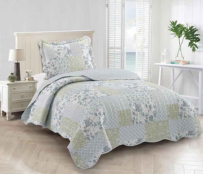 Brilliant Sunshine Multi Blue and Beige Floral Patchwork, 2-Piece Quilt Set with 1 Sham, Reversible Bedspread, Soft Lightweight Coverlet, All-Season, Twin, Blue White