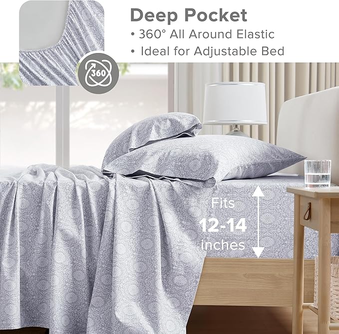 Comfort Spaces 100% Cotton Sheet Set Breathable, Lightweight, Soft with 12" Elastic Pocket Fits up to 14" Mattress, All Season Cozy Bedding, Matching Pillow Case, Twin XL Adelia Gray 3 Piece