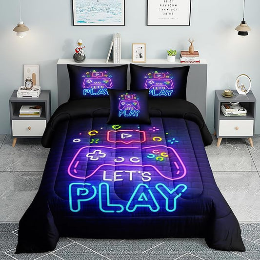 Twin Gaming Comforter Sets 6PCS, Gaming Bedding Set for Boys,Bed in a Bag with Flat Sheet and Fitted Sheet,Pillowcases,Cushions for Boys