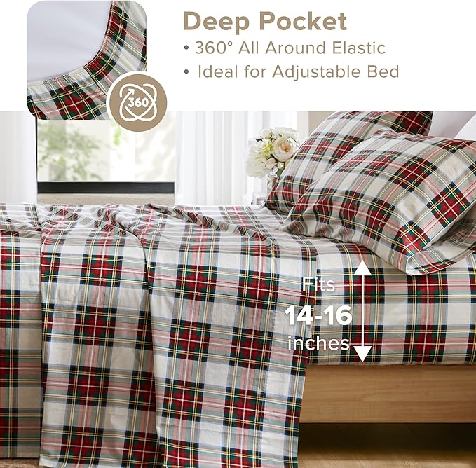 Comfort Spaces 100% Cotton Sheets Full, Breathable, Naturally Cool Cotton Sheets, Cotton Bed Sheets with 14" Elastic Pocket Fits up to 16" Mattress, All Seasons Sheet Set, Scottish Plaid Red 4 Piece