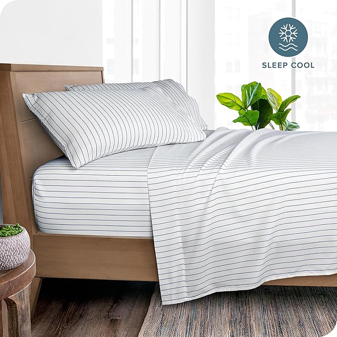 Bare Home Split King Sheet Set - 1800 Ultra-Soft Microfiber Split King Bed Sheets - Double Brushed - Deep Pockets - Easy Fit - 5 Piece Set - Bed Sheets (Split King, Pinstripe - White/Midnight)