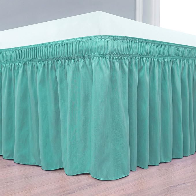 Wrap Around Bed Skirts Elastic Dust Ruffles, Easy Fit Wrinkle and Fade Resistant Silky Microfiber Fabric Solid Color Bedskirt, 12 Inch Tailored Drop Aqua for King Size Bed Skirt