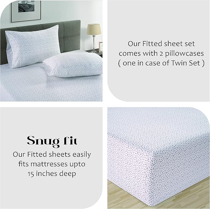 LANE LINEN 100% Organic Cotton Twin Fitted Sheet & Pillowcase Set, Percale Weave, Lightweight, Breathable, Fits Mattress Up To 15" Deep - White (Grey Dot) (No Flat Sheet)