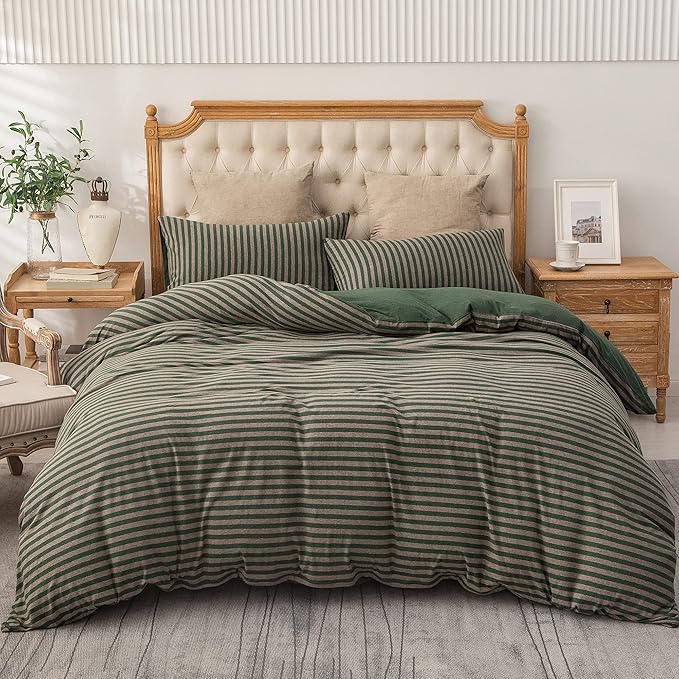 PURE ERA Jersey Knit Duvet Cover Set 100% T-Shirt Heather Cotton Super Soft Comfy Classic Striped Design, with Zipper Closure, Forest Green Stripe, Full