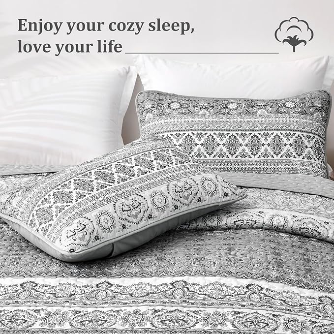 WONGS BEDDING Boho King Quilt Set, Grey Bohemian King Quilt Bedding Set, Lightweight Microfiber Bed Decor Bedspread for All Season 103"x90"(3 Pieces)