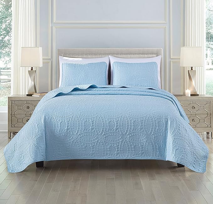 Chezmoi Collection Austin 3-Piece Oversized Bedspread Coverlet Set (Queen, Chambray Blue)