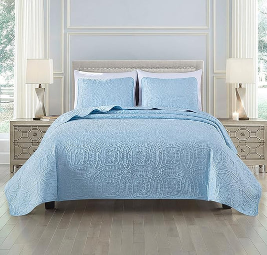 Chezmoi Collection Austin 3-Piece Oversized Bedspread Coverlet Set (Queen, Chambray Blue) (Pack of 6)