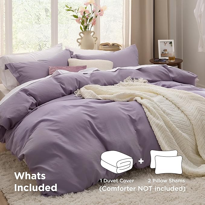Bedsure Grayish Purple Duvet Cover Queen Size - 3 Pieces Prewashed Cotton-Like Polyester Extra Soft Bedding Set, Includes 1 Duvet Cover 90x90 Inches with Zipper Closure & 2 Pillow Shams, No Comforter