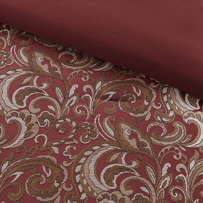 Madison Park Essentials Brystol 24 Piece Room in a Bag Faux Silk Comforter Jacquard Paisley Design Matching Curtains Down Alternative Hypoallergenic All Season Bedding-Set, Queen (90 in x 90 in), Red