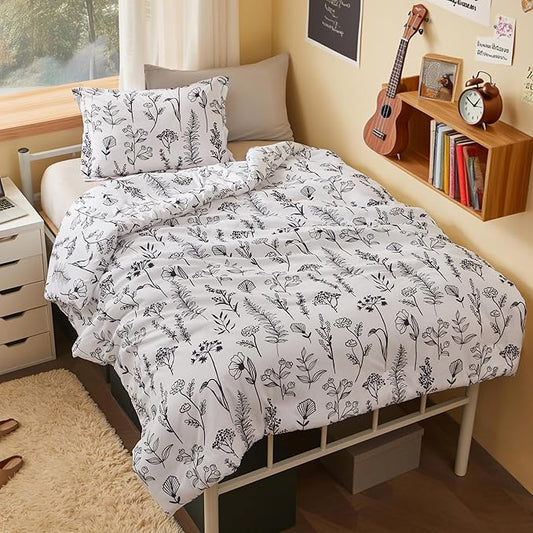 Joiedomi Twin Comforter Set White, 2 Pieces Floral Twin Bedding Set with 1 Soft Reversible Botanical Comforter and 1 Pillow Sham, Bed in a Bag for All Seasons