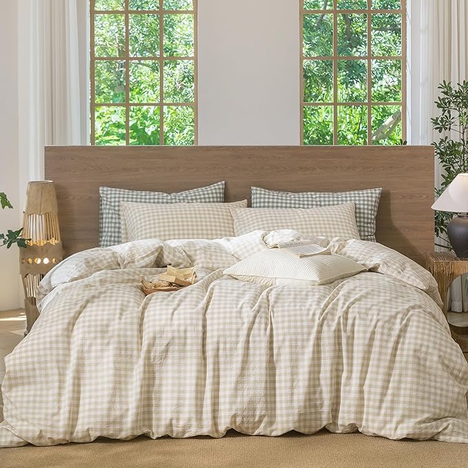 MooMee Gingham Duvet Cover Set 100% Washed Cotton Linen Like Textured Breathable Durable Soft Comfy Modern Checkered Design (Almond Milk Grey Gingham, Palatial King/Oversized King 120"x98")