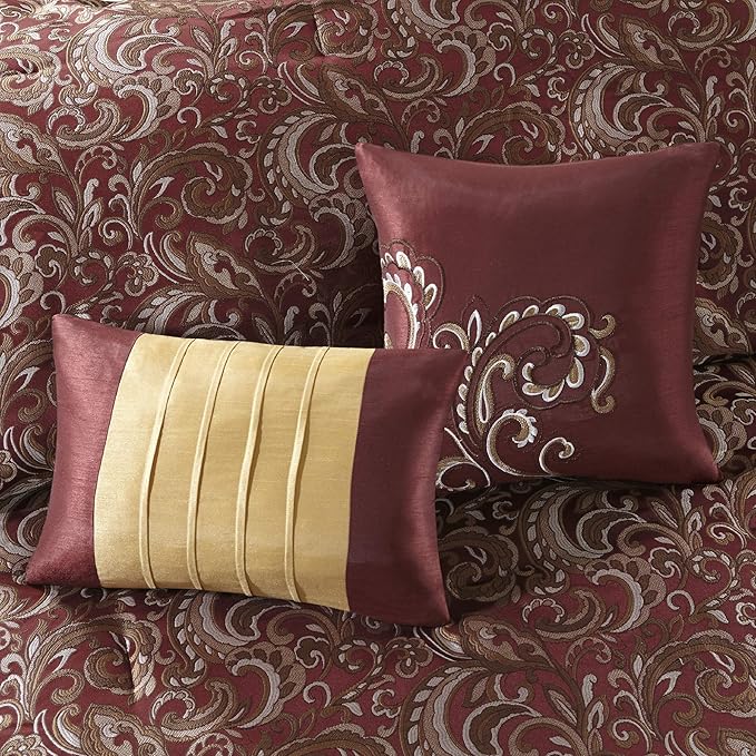 Madison Park Essentials Brystol 24 Piece Room in a Bag Faux Silk Comforter Jacquard Paisley Design Matching Curtains Down Alternative Hypoallergenic All Season Bedding-Set, Queen (90 in x 90 in), Red