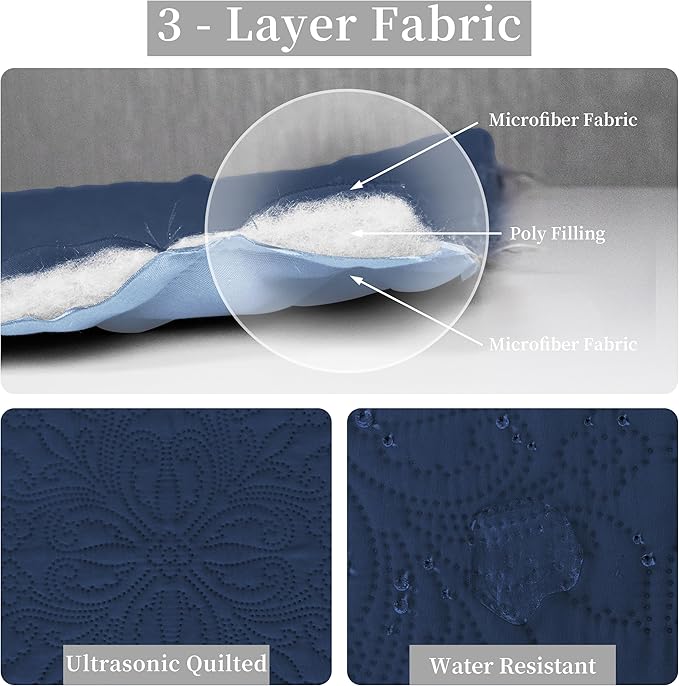 Easy-Going King Size Reversible Quilt Set with 1 Quilt and 2 Pillow Shams, Soft Bed Quilt Cover, Water Resistant Lightweight Microfiber Bedspread, Stain Resistant, Damask-Dark Blue/Light Blue