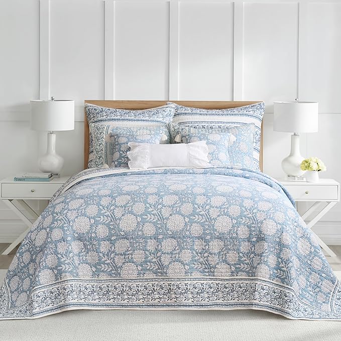 Levtex Home – Adare Blue Bedspread Set – Queen Bedspread (110x106in.) and 2 Standard Shams (20x26in.) – Floral Botanical Design – Blue and White – Reversible – Cotton