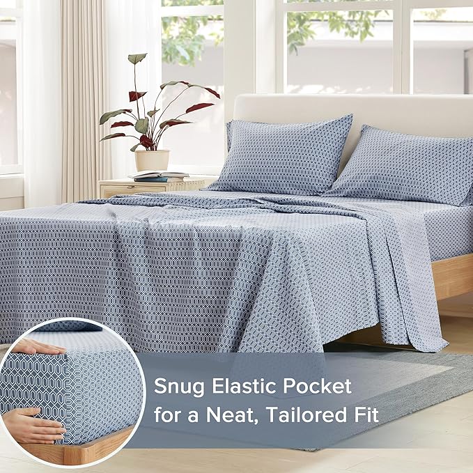 Comfort Spaces 100% Cotton Sheets Twin XL, Breathable, Naturally Cool Cotton Sheets, Soft Cotton Bed Sheets with 14" Elastic Pocket Fits up to 16" Mattress, All Seasons Sheet Set, Diamond Blue 3 Piece