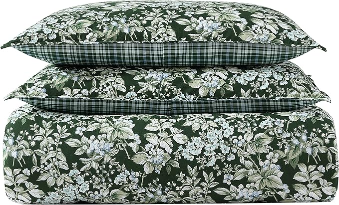 Laura Ashley - King Comforter Set, Soft & Reversible Cotton Bedding, Medium Weight 7 Piece Bed Set with Matching Pillowcases, Euro Shams & Bonus Throw Pillow Covers (Bramble Floral Green)