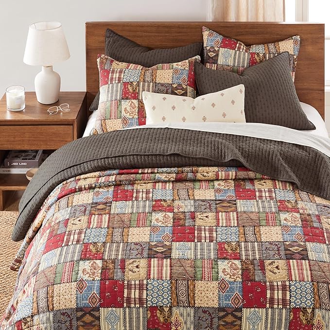 Levtex Home Cross Stitch Reversible Full/Queen Quilt Set (88x92in) with 2 Pillow Shams (26x20in) - Stitch Texture - Cocoa - Cotton Full/Queen Size Quilt Bedding Set - Lightweight, Soft, Pre-Washed
