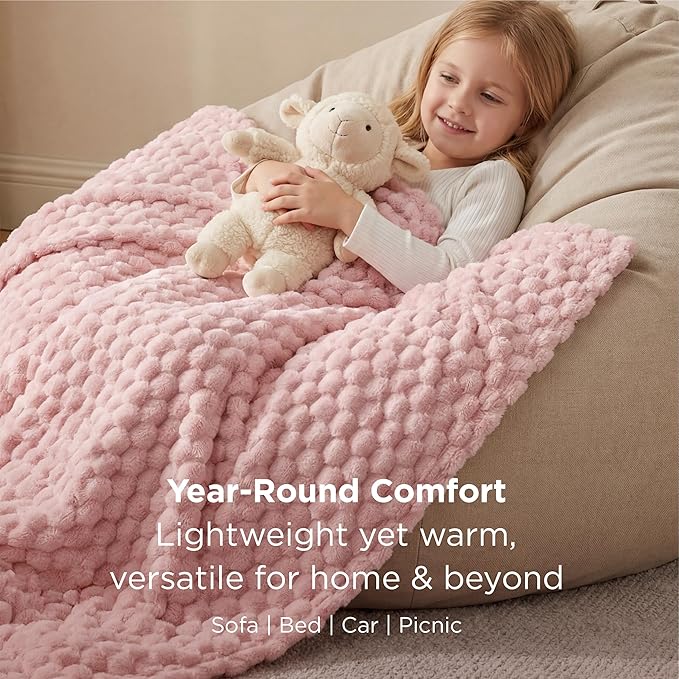 Bedsure Large Throw Blanket for Couch - 350GSM Fluffy Plush Bubble Blanket for Bed Home Room Decor, GentleSoft Cute Fleece Soft Cozy Gifts for Women Girls, Pink, 50x70 Inches